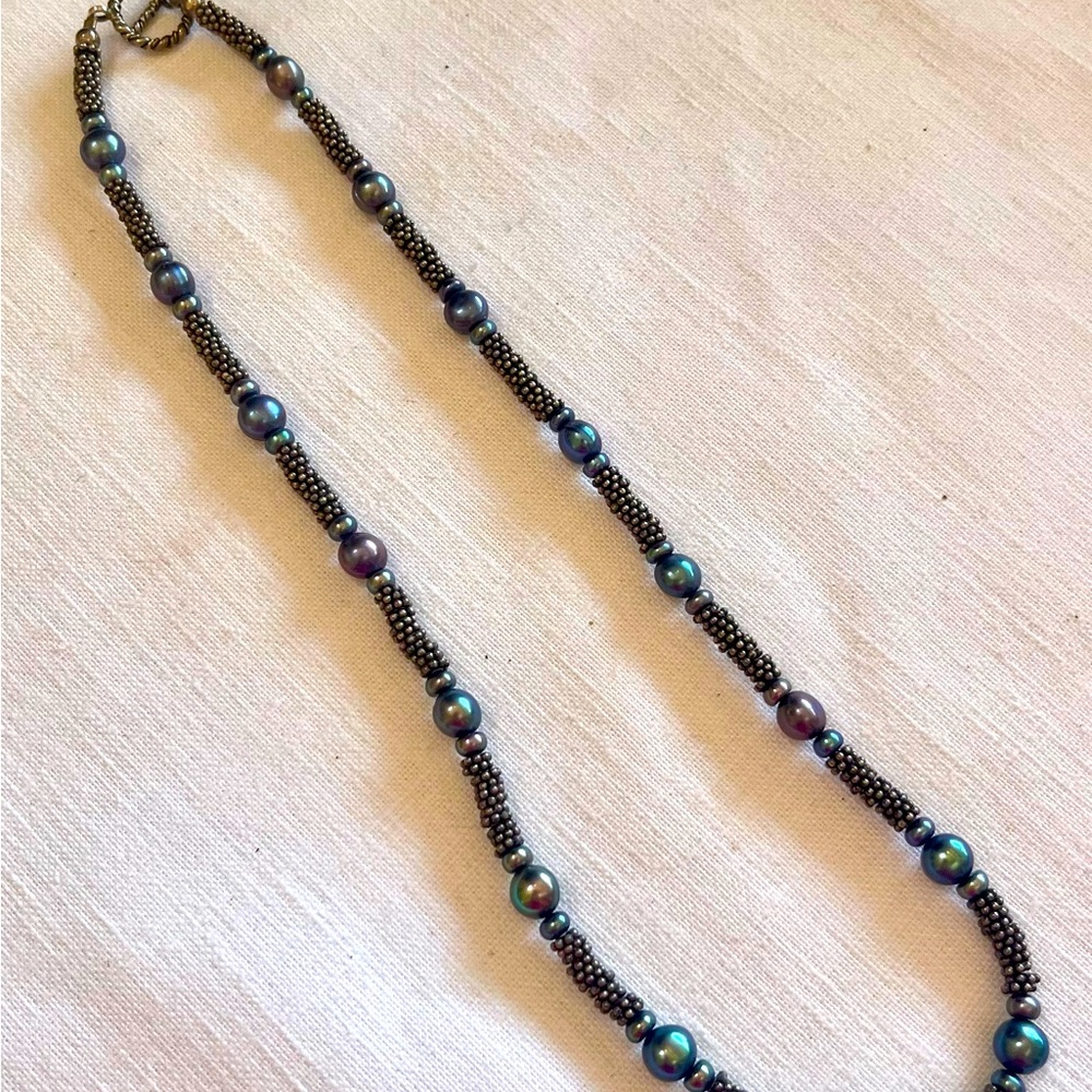 Sterling Necklace Beaded with Sterling Beads, Peacock Pearls, and Toggle Clasp